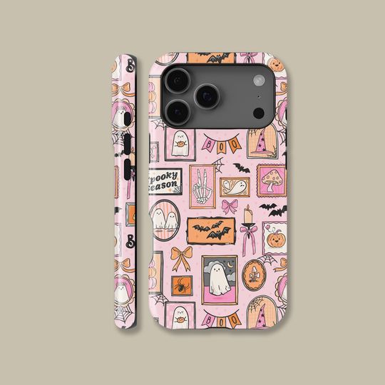 Discover Pink Halloween Ghost Frame Phone Case for iPhone 17 16 15 14 13 12 11 Pro Max, Pink Protective Cover for Samsung Galaxy S20 S21 FE S25 Ultra