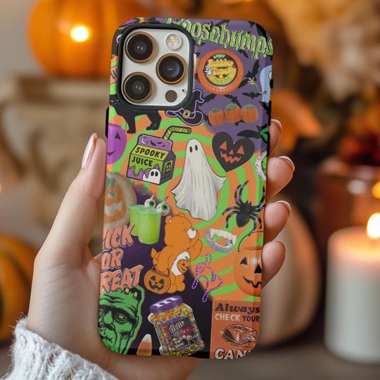 Discover Spooky Bright Retro Halloween Junk Case Collage Fall Cell Phone Case, Vintage Autumn iPhone 16 15 14 Samsung S25 Case, Trendy Phone Cover