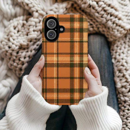 Discover Plaid Orange Pattern Fall Tough Case for Phone, Autumn Halloween Phone Cover, Samsung 24 25 iPhone 15 16 14 Pro Max, Pumpkins