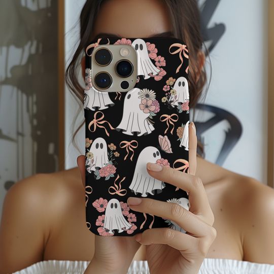 Coquette Floral Ghost Phone Case, Halloween Phone Case cover fit for iPhone 15 14 13 12 11 Pro Max Xr 7 8 Plus, Samsung S23, Pixel 8 7A