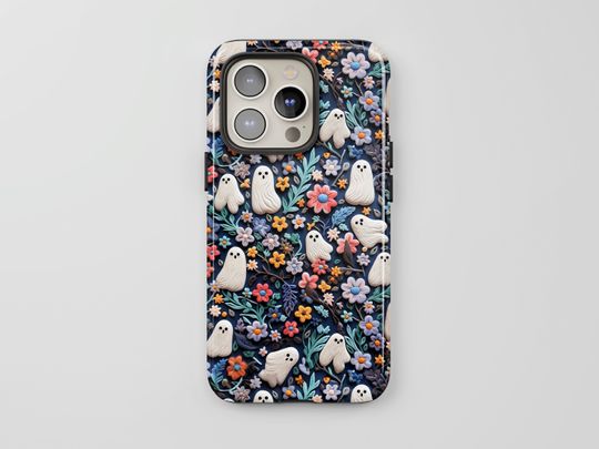 Discover Cute Clay Ghosts & Flowers Phone Case: Spooky Halloween Cover Faux 3D effect for iPhone 17 16 15 14 MagSafe, Pixel 9 8 7 Samsung s25 s24 s23