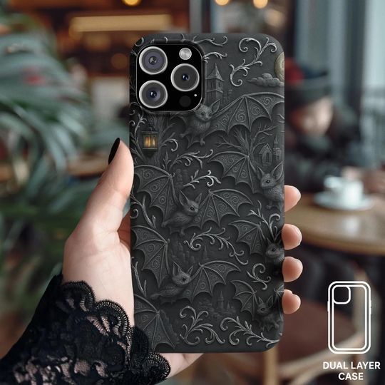 Discover Gothic Sculpt Look Bat iPhone Case, Dark Aesthetic Phone Cover, Tough Case for Halloween Lovers, goth, 17, 16, 15, 14, 13, pro max plus air