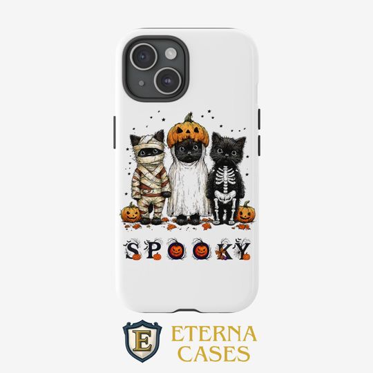 Discover Halloween Cat Phone Case, Spooky Black Kitten iPhone Cover with Pumpkin Design