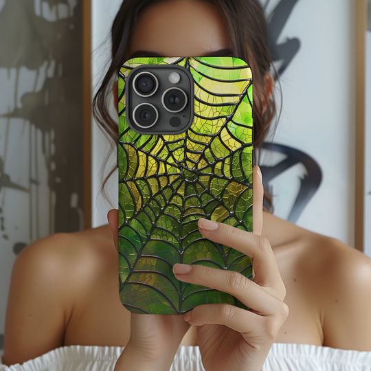 Green Spiderweb Stained Glass iPhone Case | Gothic Art iPhone Case, Emo Green Spiderweb Phone Case | Gifts for Her | Spooky Phone Case |