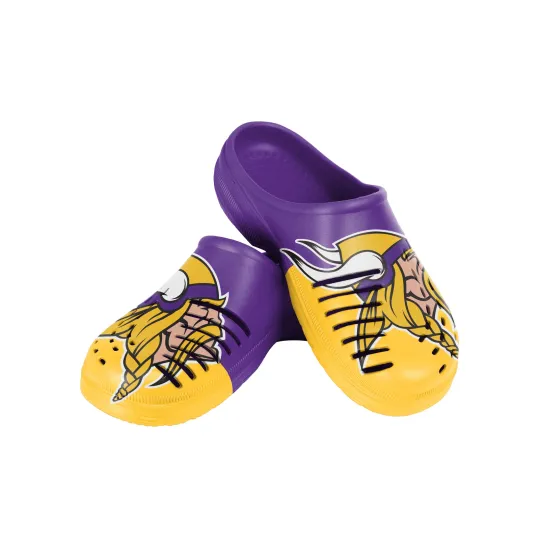 Discover FOCO football Men's Minnesota Vikings 2023 Colorblock Big Logo Clogs