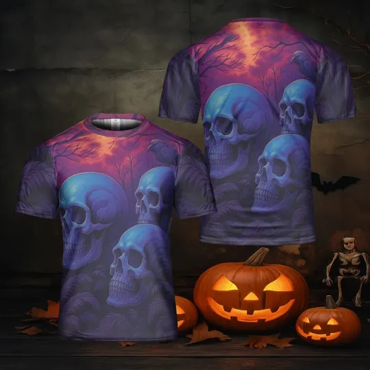 Discover Haunted Forest Skull Halloween T-Shirt, Spooky All-Over Print T-Shirt