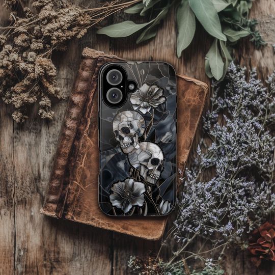 Discover Skulls and Wildflowers Tough Phone Case, Gothic Mosaic PRINTED Protective Cover, Grunge Alternative, iPhone 17 16 Galaxy S25 S24 Pixel 10 9