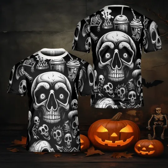 Discover Halloween Skull Coffee Sleeveless T-Shirt, All-Over Print Creepy Skull Design