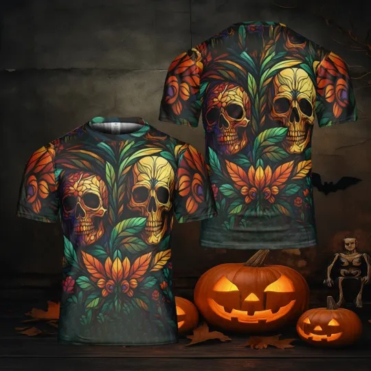 Discover Colorful Day Of The Dead Halloween shirt, Floral Skull All-Over Print Tshirt