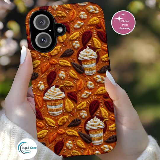 Discover Pumpkin Latte 3D Faux Embroidery Phone Case -Tough Case for Coffee Lover, iPhone 17 16, Pro Plus Samsung Galaxy S25, Ultra, Google Pixel 9 8