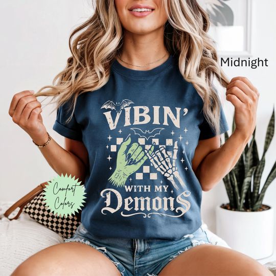 Discover Vibin' With My Demons Shirt, Demon Halloween Shirt Demon Shirt, Funny Skeleton Shirt, Skeleton Shirt, Halloween Skeleton Plus Size Halloween