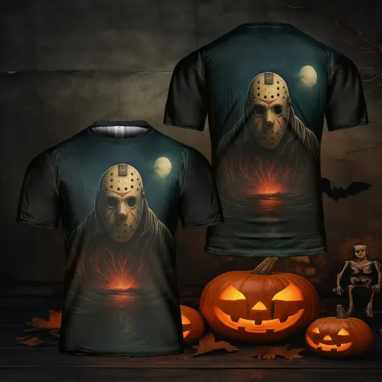 Discover Vintage Horror Slasher Scene 3D T-Shirt with Retro Jason All-Over Print