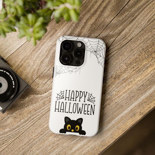 Halloween Black Cat Phone Case: Spooky Spiderweb Design