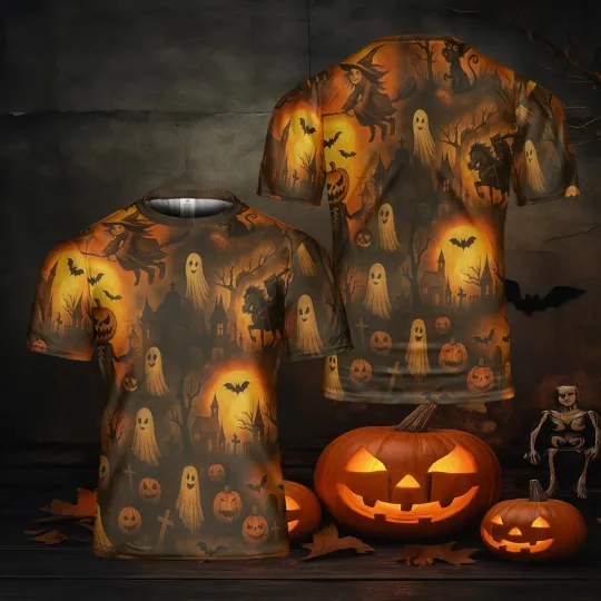 Discover Haunted House Halloween Pumpkins 3D Graphic All-Over T-Shirt