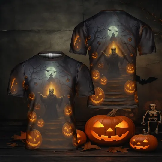 Discover Spooky Skeleton Halloween 3D T-Shirt with Moonlight and Pumpkins All-Over Print