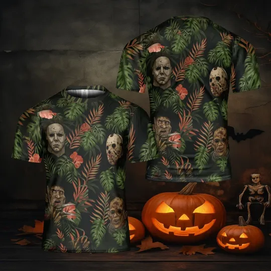 3D Floral Horror Movie Villain Halloween T-Shirt, Spooky Aloha All-Over Print Shirt