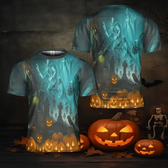 Haunted Graveyard Halloween 3D T-Shirt with Glowing Pumpkins