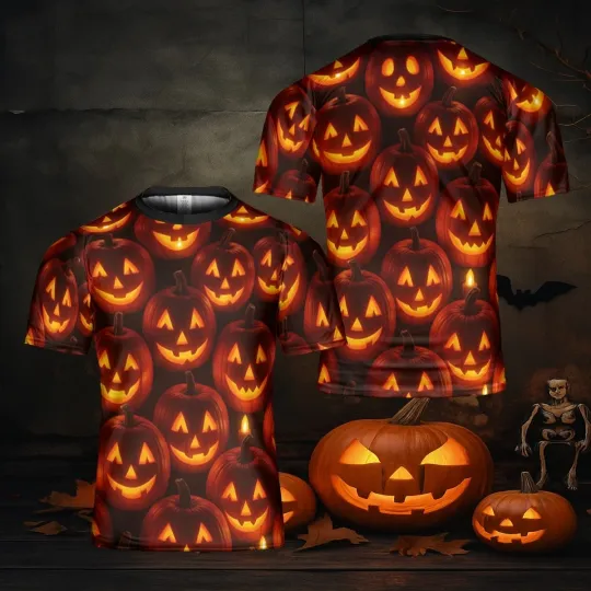 Discover Glowing Jack O’ Lantern Face Graphic T-Shirt with Pumpkin All-Over Print