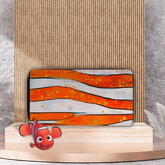Nemo Inspired Wallet, Women's Abstract Clownfish Print Zipper Clutch, Small Zipper Purse, Disney Ladies Finding Nemo Wallet