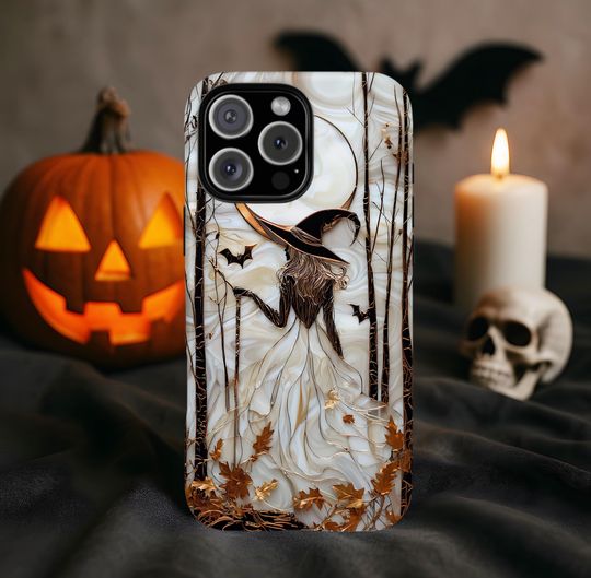 Witch Magsafe Phone Case: Faux Stained Glass Gothic Halloween, Protective Cover for iPhone 17 16 Galax S25 Ultra & Pixel 9