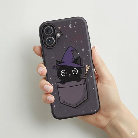 Discover Halloween Witch Cat iPhone Case  Cute Pocket Black Cat with Hat & Broom  Spooky Season Protective Phone Cover