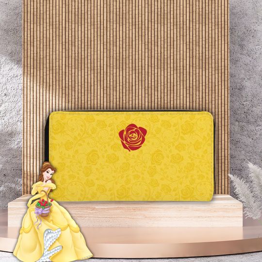 Discover Belle Inspired Wallet, Women's Yellow Floral Zipper Clutch, Small Beauty & the Beast Zipper Purse, Disney Ladies Belle Wallet