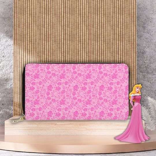 Discover Sleeping Beauty Inspired Wallet, Women's Pink Floral Zipper Clutch, Small Princess Aurora Zipper Purse, Disney Ladies Wallet