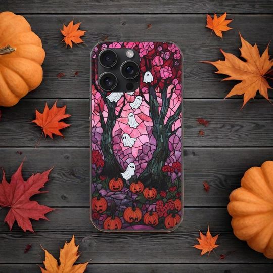 Discover Stained Glass Ghost Phone Case: Pink Halloween Pumpkins