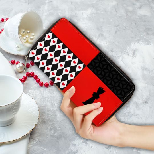 Queen of Hearts Inspired Wallet, Women's Black & Red Zipper Clutch, Small Alice in Wonderland Zipper Purse, Disney Villain Wallet