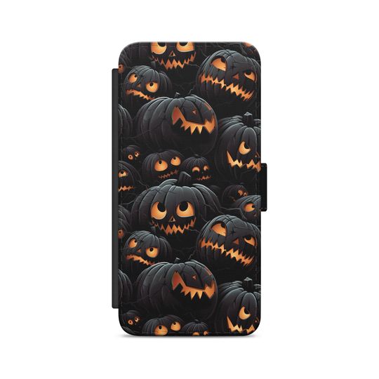 Discover Halloween Black Pumpkin Colourful Scary Pattern Flip Wallet Phone Case for iPhone Samsung