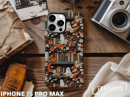 Discover Bookish Ghost Phone Case: Halloween Floral Design, Glossy or Matte