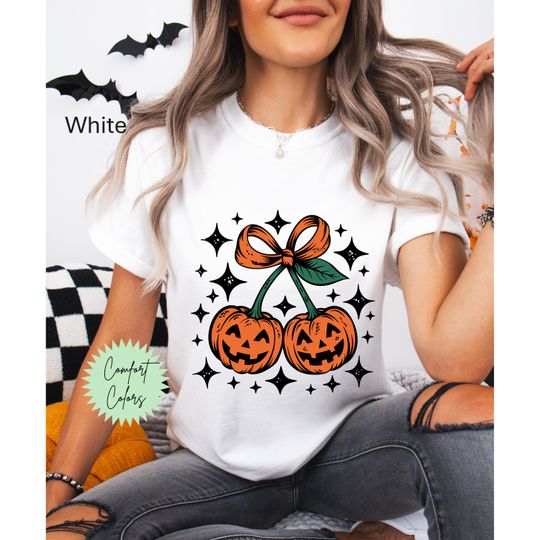 Discover Pumpkin Cherries Shirt, Autumn Girly Shirt, Halloween Pumpkin, Fall Pumpkin, Pumpkin Cheeries Coquette Shirt, Retro Fall Shirt, Pumpkin Bow