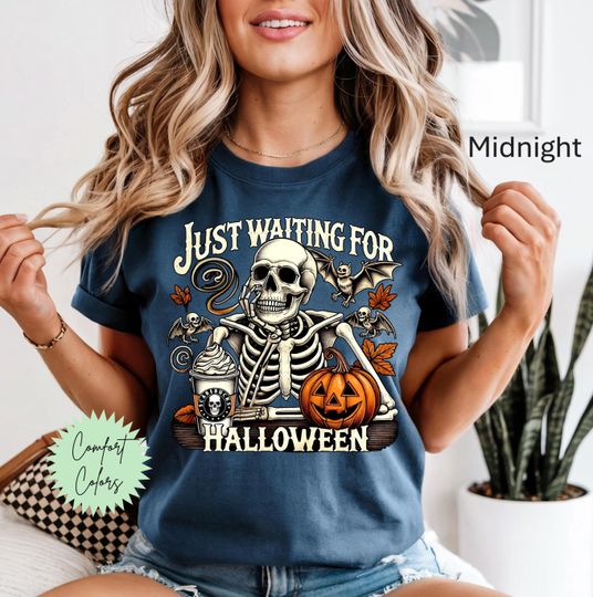 Discover Just Waiting For Halloween Skeleton T-Shirt, Stay Spooky Skeleton Shirt, Summerween Shirt, Funny Skeleton Shirt, Summerween Skeletons