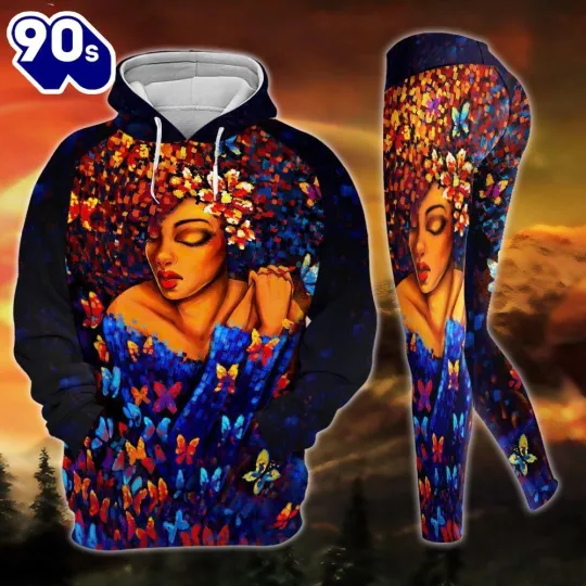 Discover Black Girl Buttefly All Over Print Leggings Hoodie Set Outfit For Women Gift