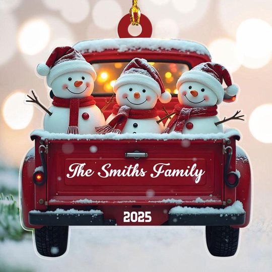 Discover Personalized Snowman Family Christmas Ornament, Red Truck Christmas Ornament, Snowman Ornament, Custom Name Ornament, 2d Flat Ornament