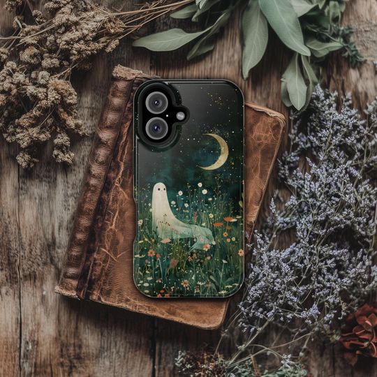 Discover Spooky Ghost Wildflower Meadow Crescent Moon Tough Phone Case Cute Halloween iPhone 17 16 15 14 13 12 11 Galaxy S24 S23 S22 Pixel 10 9 8