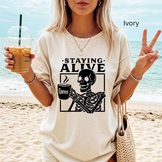Coffee-Loving Skeleton T-Shirt, Dancing Skeleton Tee, Stay Spooky Skeleton Shirt, Skeleton Coffee,