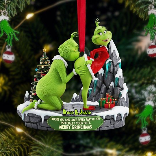 Personalized Green Monster Couple Christmas Ornament, I Adore You , Custom Holiday Tree Decoration, Flat 2D Ornament, Merry Grin Gift