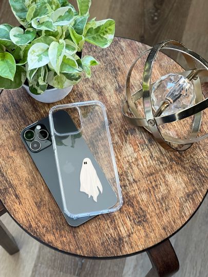 Discover Cute Minimal Ghost Phone Case For iPhone 15 14 13 12 Mini 7 8 Clear Phone Cover With Grunge Halloween Design S24 S23 MagSafe Phone Case