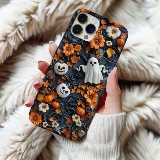 Discover Halloween Ghost & Pumpkin Floral 3D Phone Case | iPhone 17 16 15 14 Pro Max MagSafe | Samsung Galaxy S25 S24 | Google Pixel 9 ps301