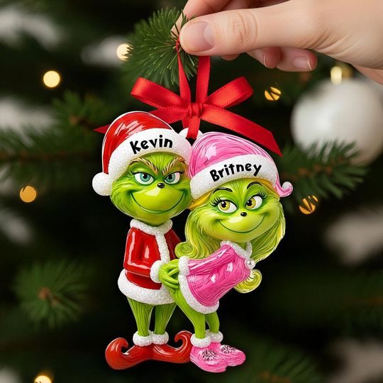 Personalized Funny Naughty Couple Grin Ornament, Christmas Gift For Couple, Green Monster, Custom Hanging Decor 2D Flat Ornament
