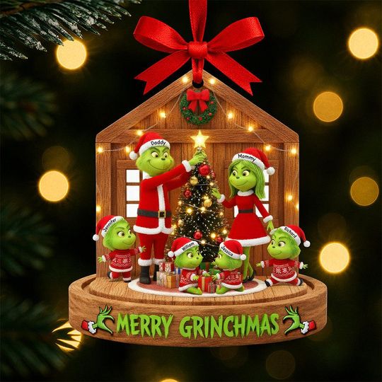 Personalized Merry Grin Family Hanging Ornament, Custom Gift For Family, Green Monster, 2D Flat Ornament Gifts, Christmas Ornament