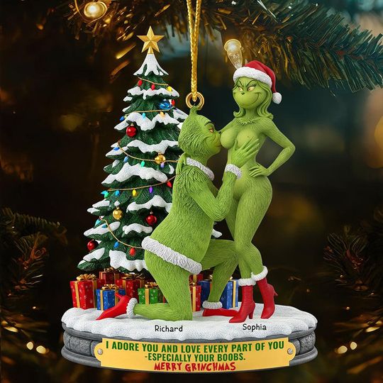 Personalized Naughty Couple Green Monster Ornament, Merry Grin, Funny Christmas Gift For Couple, I Adore You, Christmas Decorations