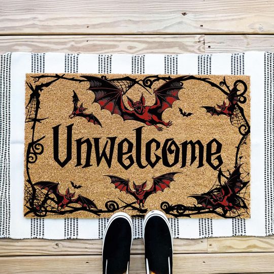 Discover Unwelcome Gothic Bat Halloween Doormat, Funny Vampire Welcome Mat, Spooky Door Mat With Red Bats, Haunted House Decor, Halloween Gift