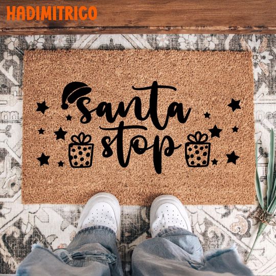 Discover Santa Stop Doormat, Funny Christmas Holiday Doormat, Santa Claus Gift Welcome Mat, Festive Front Porch Decor Rug, Merry Christmas Doormat