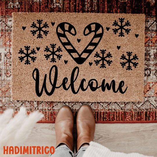 Discover Welcome Door Mat Christmas, Candy Cane Heart Snowflake Doormat, Holiday Winter Entry Rug, Funny Xmas Front Porch Outdoor Decor Mat