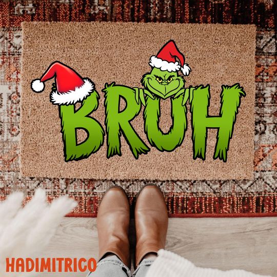 Discover Bruh Christmas Door Mat, Funny Holiday Welcome Mat With Santa Hat, Green Inspired Doormat, Cute Christmas Entry Rug, Xmas Front Porch Decor