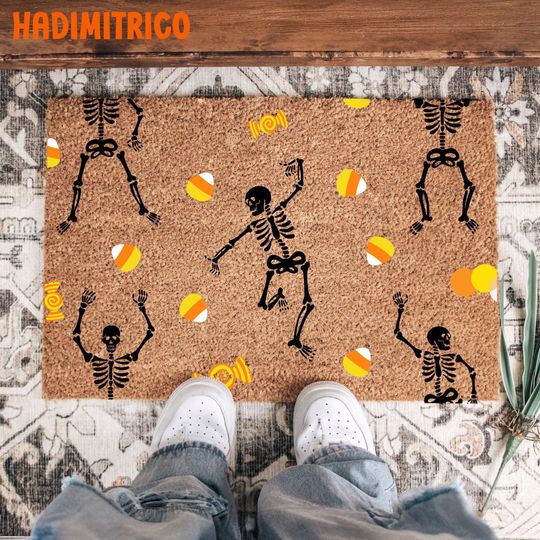 Dancing Skeleton Halloween Doormat, Funny Skeleton Halloween Front Door Mat, Cute Spooky Welcome Rug, Trick Or Treat Entryway Decor
