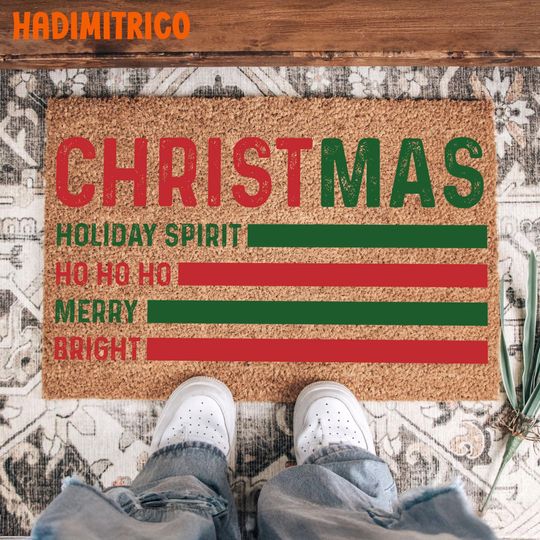 Christmas Holiday Spirit Door Mat, Ho Ho Ho Doormat, Merry and Bright Entry Rug, Funny Xmas Welcome Mat, Festive Christmas Porch Decor