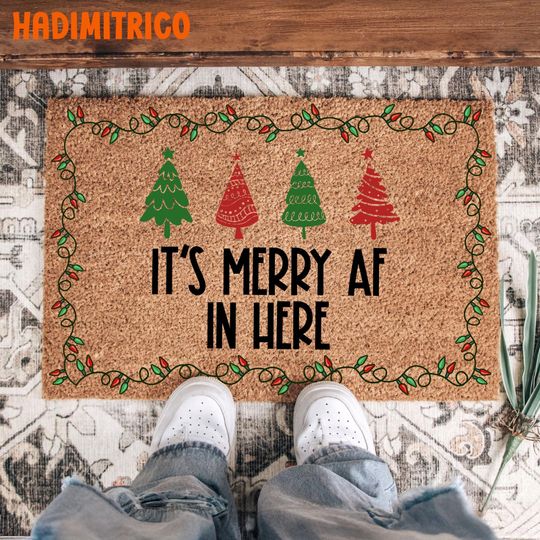 Discover Its Merry AF In Here Christmas Doormat, Funny Holiday Welcome Mat, Xmas Tree Lights Entry Rug, Festive Porch Decor, Housewarming Doormat